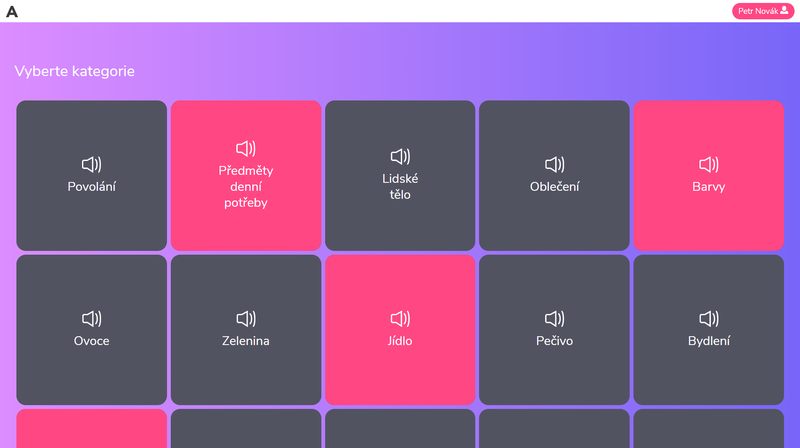 Logoped může pacientovi vybrat kategorii k procvičování